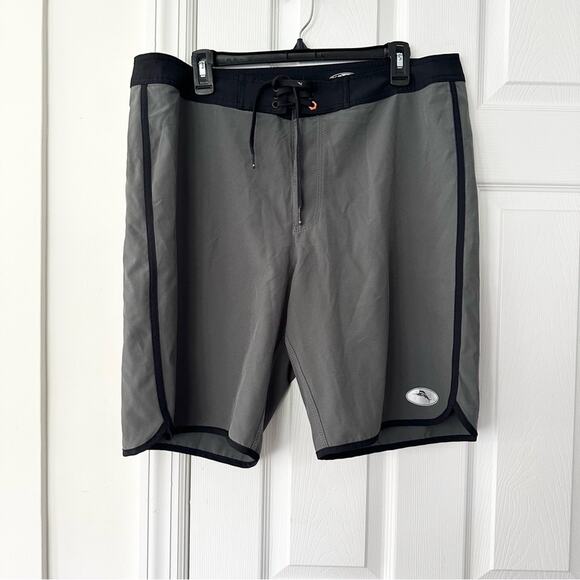 Tommy Bahama Other - Tommy Bahama Relax Solid Grey Black Trim Swim Trunks Board Shorts Tie Waist 36